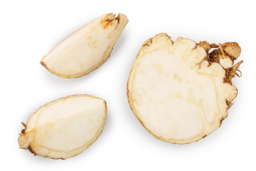 Fresh slice celery root isolated on white background. Top view. Flat lay.