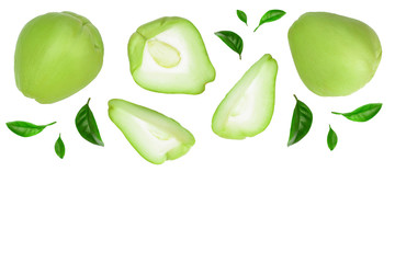 fresh Chayote vegetable isolated on white background with copy space for your text. Top view. Flat lay