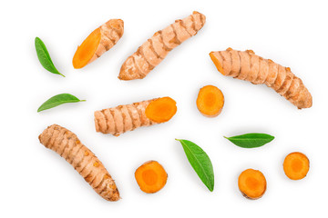 Turmeric root and slice isolated on white background. Top view. Flat lay