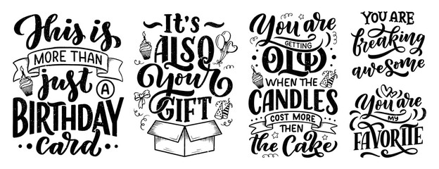 Set with Birthday lettering in retro style. Anniversary invitation cards. Vintage invitation templates for celebration design. Funny quotes