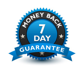 Blue simple yet reliable, medal, Label, Icon, Seal, Sign 7 day money back guarantee badge with ribbon Isolated on White Background. 