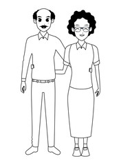 Afroamerican grandparents couple smiling cartoon in black and white