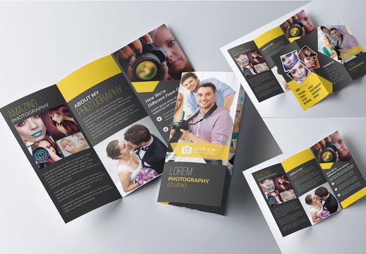 Trifold Photography Brochure Template with Dark Yellow Accents