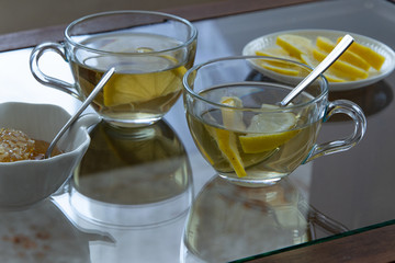 Top view of lemon tea glasses. Drinks flat lay. Seasonal refreshment break
