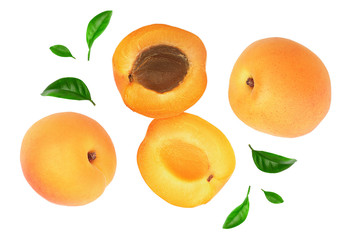 Apricot fruits with leaves isolated on white background. Top view. Flat lay pattern