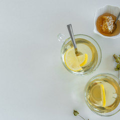 Top view of lemon tea glasses. Drinks flat lay. Seasonal refreshment break