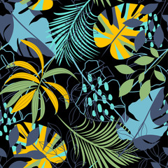 Fototapeta na wymiar Summer abstract seamless pattern with colorful tropical leaves and plants on black background. Vector design. Jungle print. Floral background. Printing and textiles. Exotic tropics. Fresh design.