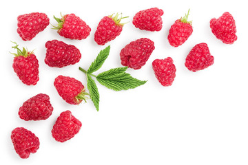 raspberries with leaves isolated on white background with copy space for your text. Top view. Flat lay pattern