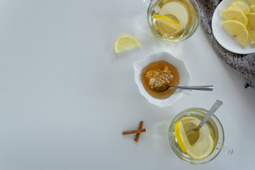 Top view of lemon tea glasses. Drinks flat lay. Seasonal refreshment break