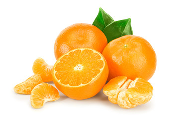 tangerine or mandarin fruit with leaves isolated on white background