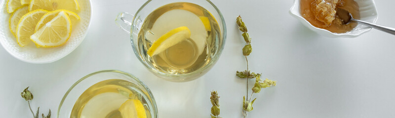 Top view of lemon tea glasses. Drinks flat lay. Seasonal refreshment break