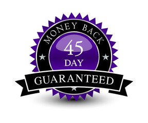 Purple colored seal, sign, label, icon 46 day money back guaranteed badge with ribbon on top isolated on white background.