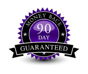 Purple colored seal, sign, label, icon 90 day money back guaranteed badge with ribbon on top isolated on white background.