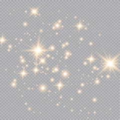 Set of gold glowing light effects isolated on transparent background. Glow light effect. Star exploded sparkles.