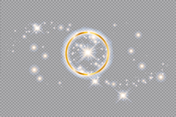 Golden ring on a transparent background. brilliant flash, shooting stars.