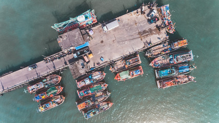 Top view from sky  group of wooden fishery boat.