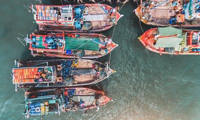 Top view from sky  group of wooden fishery boat.