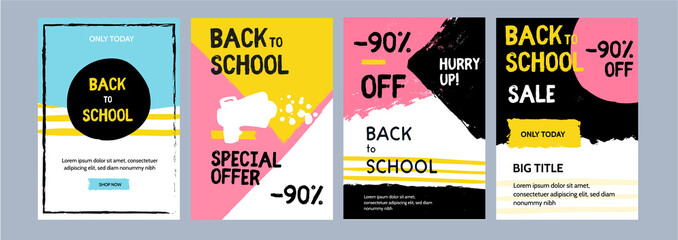 Back to school banner set, simple design for any purposes. Study concept with gradient labels, backpack, pen