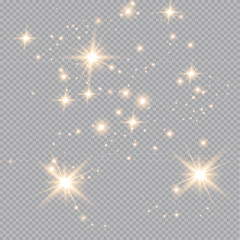 Set of gold glowing light effects isolated on transparent background. Glow light effect. Star exploded sparkles.