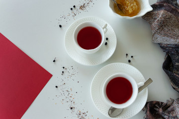 Top view of red fruits tea glasses. Drinks flat lay. Refreshment break