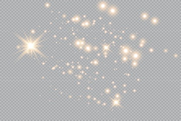 Set of gold glowing light effects isolated on transparent background. Glow light effect. Star exploded sparkles.