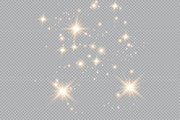 Set of gold glowing light effects isolated on transparent background. Glow light effect. Star exploded sparkles.