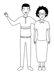 Family grandmother with adult son cartoon in black and white
