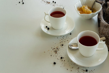 Red fruits tea glasses. Drinks flat lay. Refreshment break