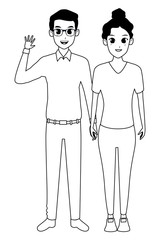 Young adult couple greeting cartoon in black and white