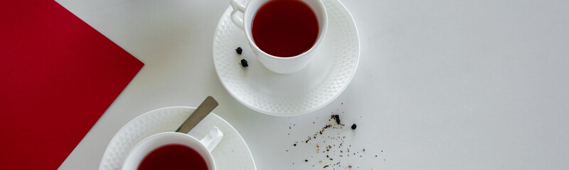 Top view of red fruits tea glasses. Drinks flat lay. Refreshment break