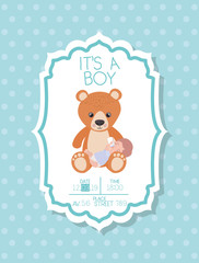 its a boy baby shower card with kid and bear teddy