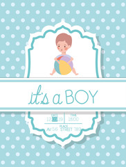 its a boy baby shower card with kid and plastic balloon