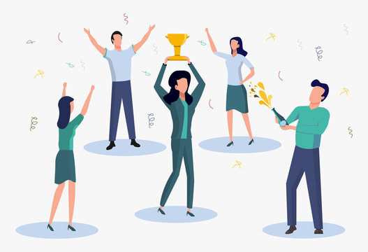 Team victory in business, direction on a successful path, people rejoice, a cup to a winner, a successful career in a company. Vector business illustration
