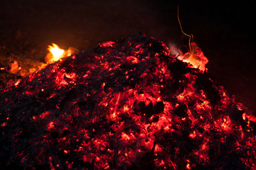 fire on black background. A bunch of burning coals at night. Fire, spark, light, beauty