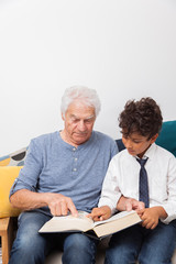 GRAND PERE ET SON PETIT FILS REGARDANT UN DICTIONNAIRE