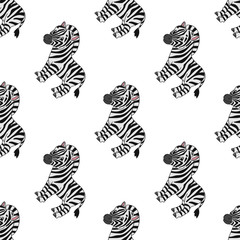 Happy zebra. Colored seamless pattern with cute cartoon character. Simple flat vector illustration isolated on white background. Design wallpaper, fabric, wrapping paper, covers, websites.