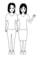 Mother and adult daughter together cartoon in black and white