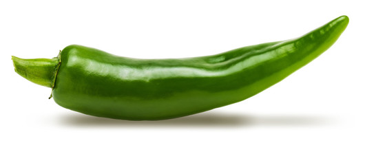 1 fresh green chilli pepper. Isolated on white background.