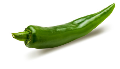 1 fresh green chilli pepper. Isolated on white background.