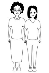 Mother and adult daughter together cartoon in black and white