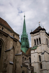Fototapeta na wymiar Spire of St.Peter’s Cathedral, Geneva's main church, famous for John Calvin preaching here, Old Town, Geneva, Switzerland