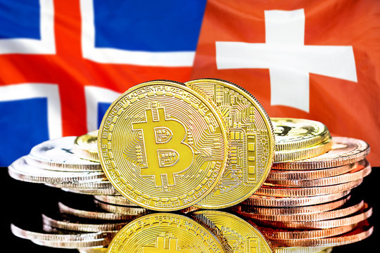 Concept for investors in cryptocurrency and Blockchain technology in the Iceland and Switzerland. Bitcoins on the background of the flag Iceland and Switzerland.
