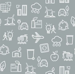 Eco-friendly technology, seamless pattern, gray, contour drawing, monochrome, vector. Clean energy, fuel and food production. Seamless monochrome background. Future technology. 