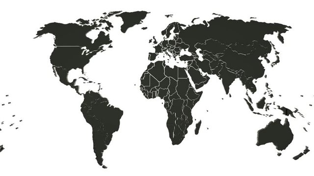 Loopable 3d animation of a black world map on white background. Scrolling from left to right