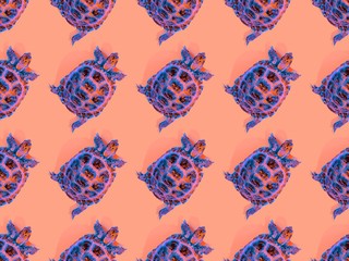 Turtle on orange background trend flat lay concept with fashionable toning. Many turtles. Seamless...