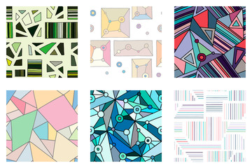 Set of seamless vector pattern, colorful geometric background with rhombus, triangles, rectangles, dots, lines, squares. Abstract graphic design. Line drawing, print for wallpaper, fabric