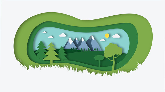 nature landscape with paper cut style design illustration.Green natural field with trees , hills , mountains and sky background.Summer with beautiful nature scene.