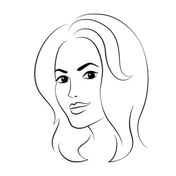 Woman  young beautiful face, black outline on white background