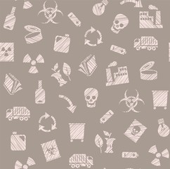 Waste collection and disposal, seamless pattern, pencil hatching, gray, color, vector. Garbage collection, different types of waste. Vector, seamless background. Imitation of pencil hatching. 