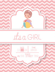 its a girl baby shower card with kid and plastic balloon